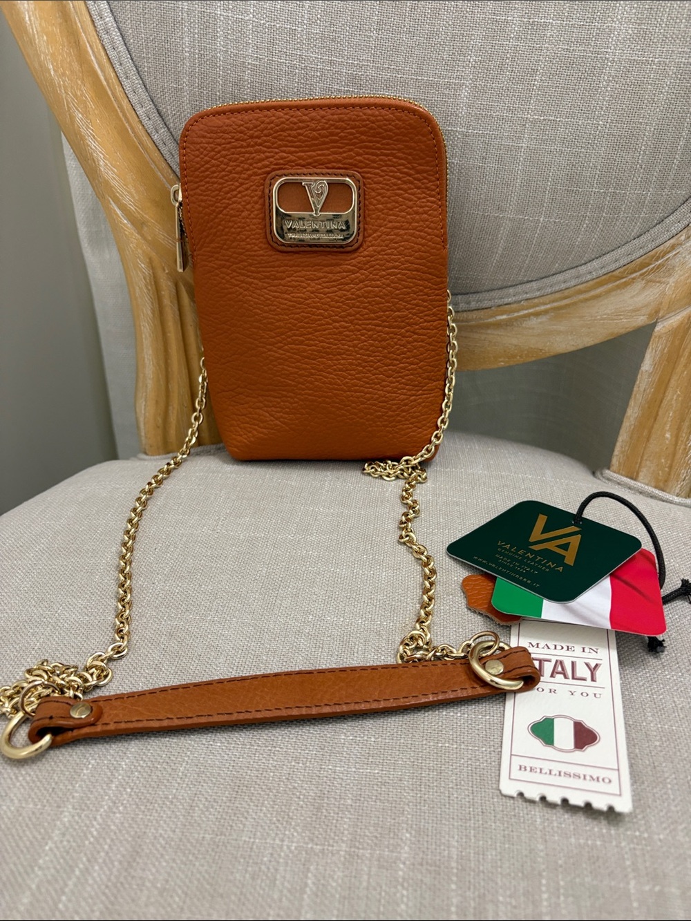 Valentino Garavani Brown Leather Crossbody Phone Pouch with Gold Chain